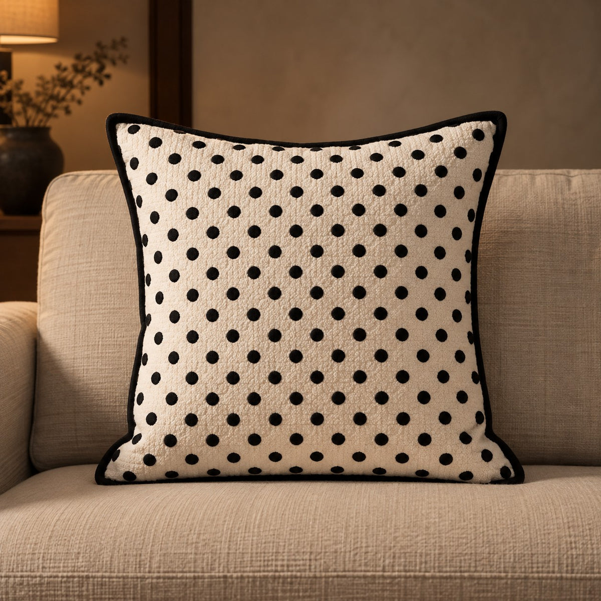Monochrome Chenille Cushion in Polka Dot