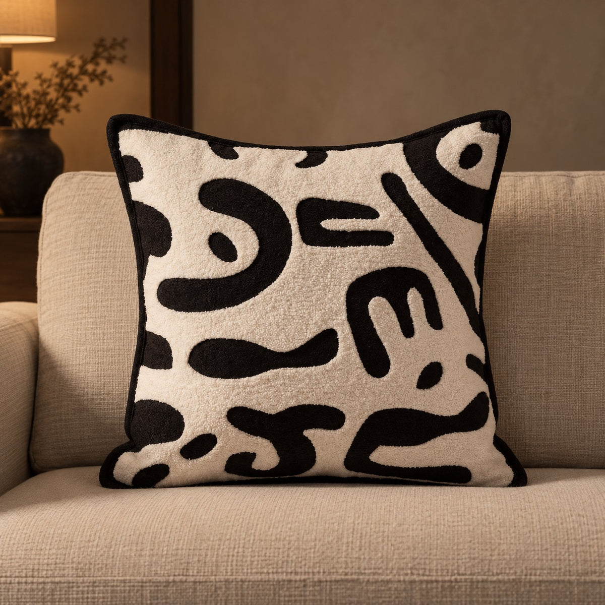 Monochrome Chenille Cushion in Ink Squiggle