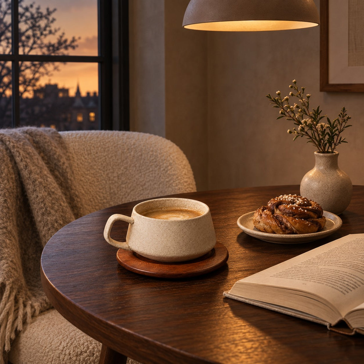 Oat Speckle Cup and Saucer in a cosy breakfast nook at dusk