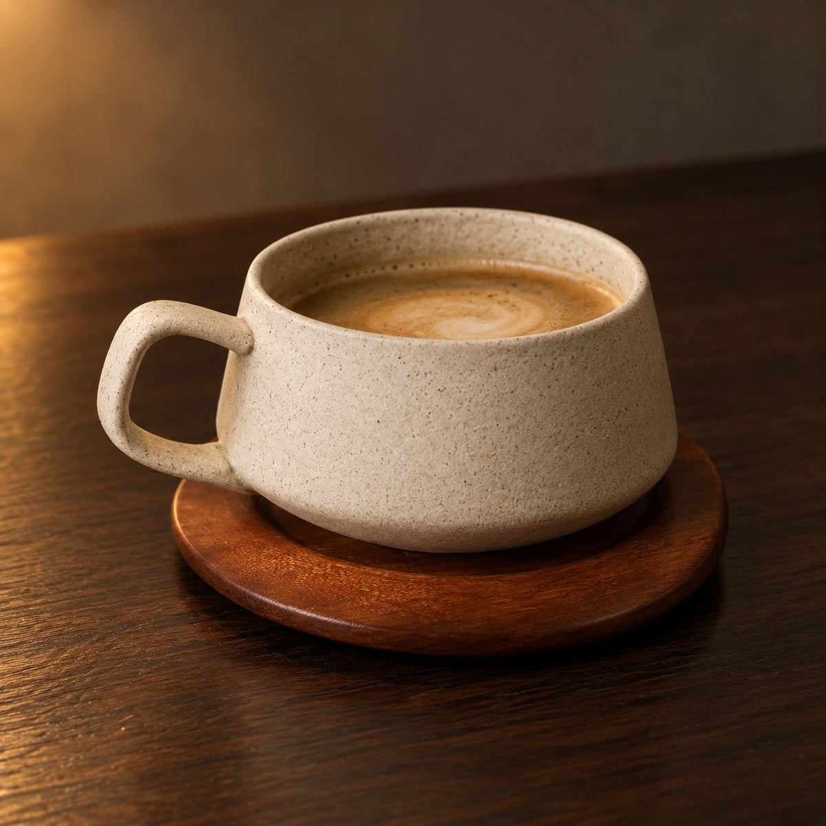 Oat Speckle Cup and Saucer with a latte