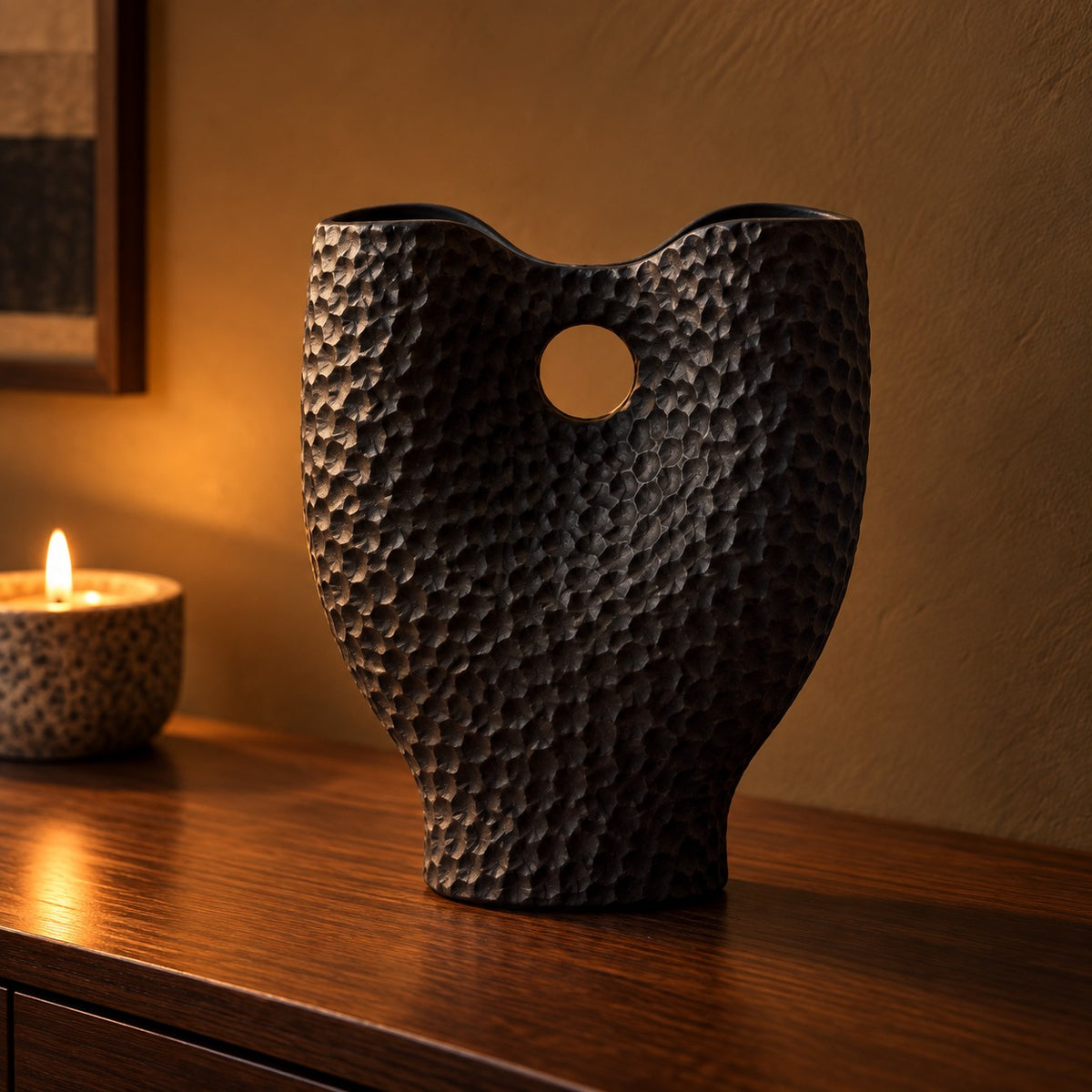 Pebble Hammered Ceramic Vase in matte black