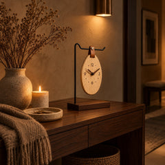 Pebble Hanging Wood Clock on a walnut entry console at night