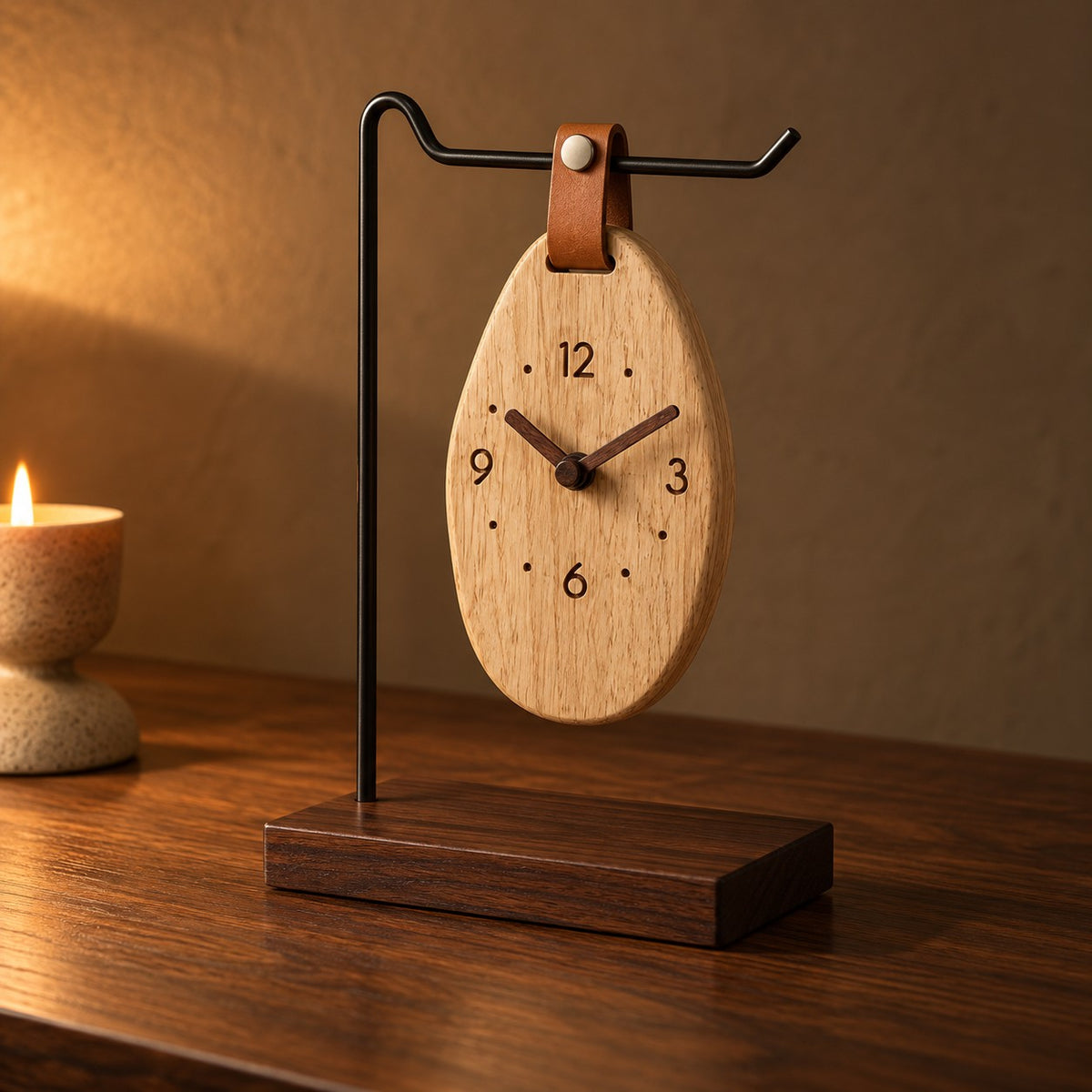 Pebble Hanging Wood Clock on a black iron stand