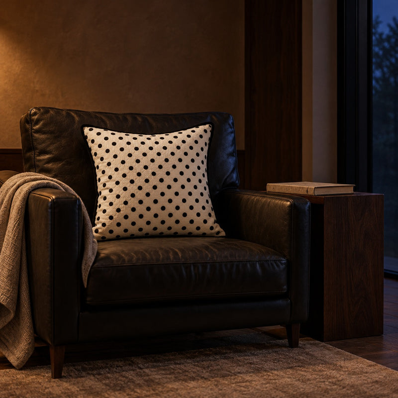 Polka Dot Chenille Cushion on a black leather armchair at night