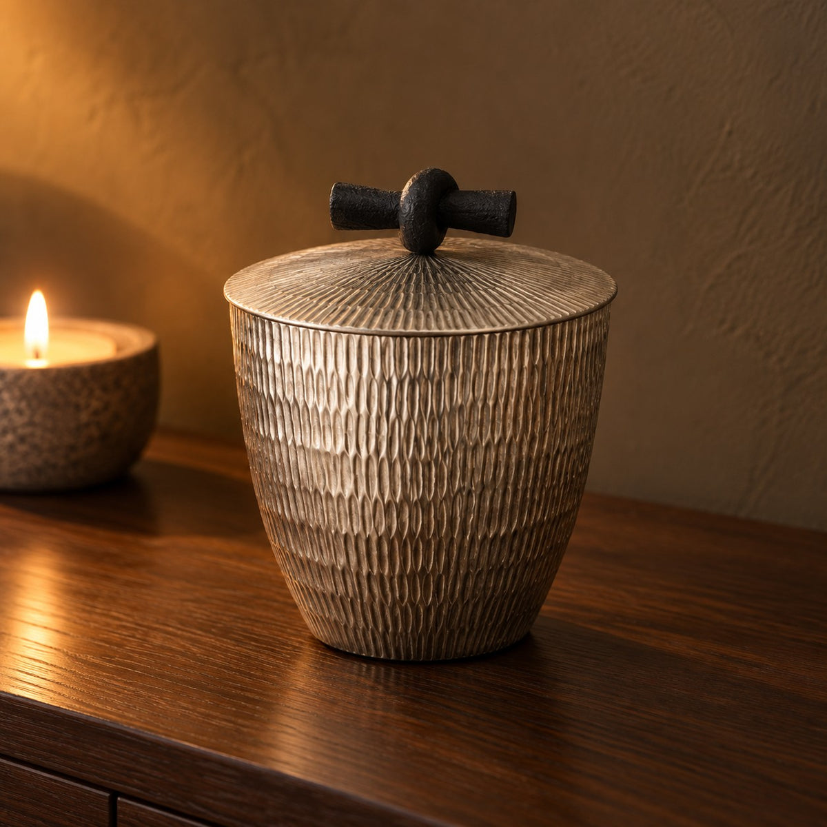 Ridge Hammered Lidded Jar, large, on a walnut sideboard