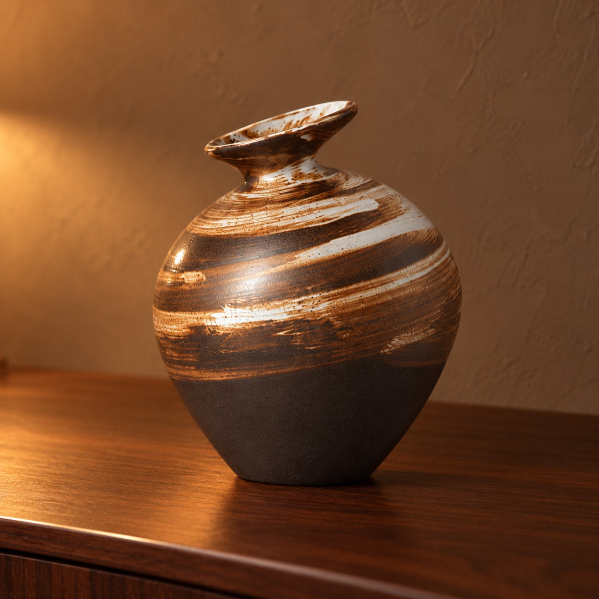 Saturn Swirl Ceramic Vase close up on a walnut sideboard