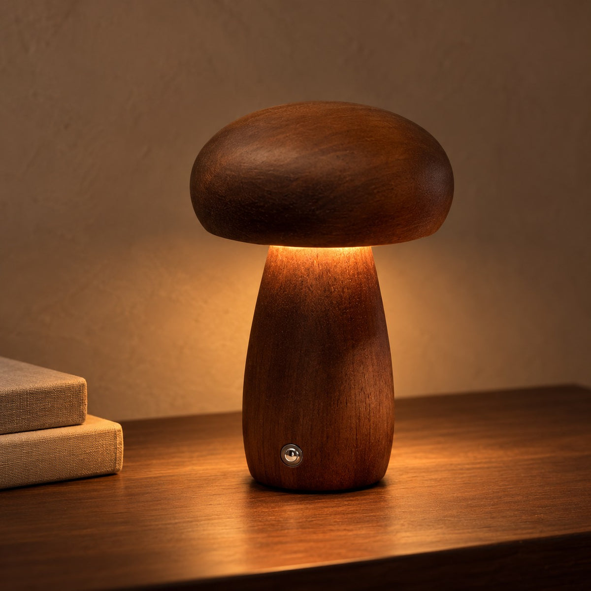 Walnut Woodland mushroom lamp glowing warm on a walnut table