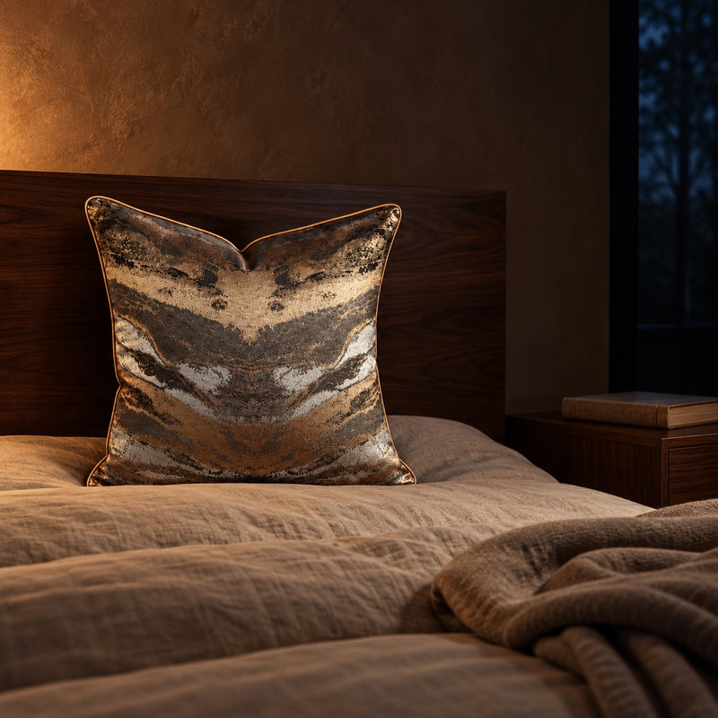 Smoke Quicksand Cushion on a linen bed at night
