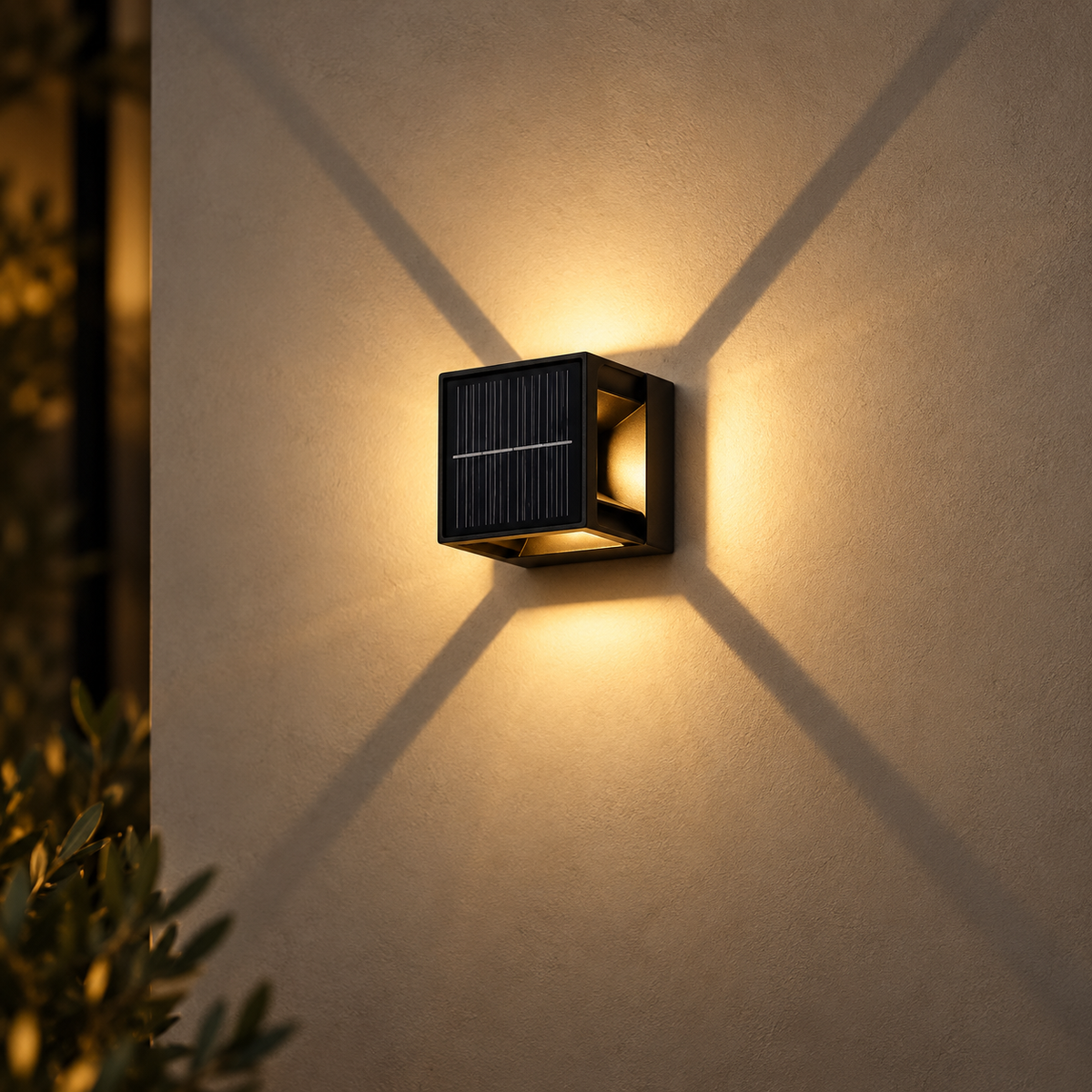 Solis solar wall light with four way X beam pattern