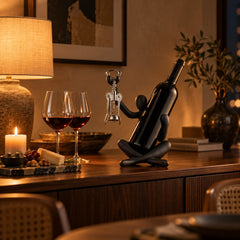 Sommelier wine holder on a walnut dining sideboard at night