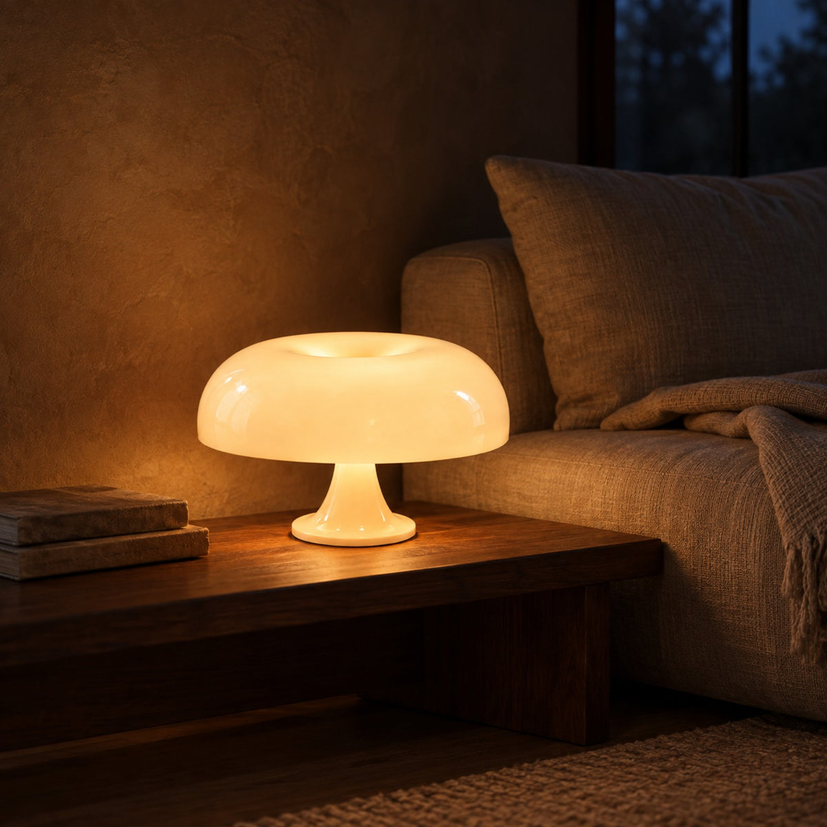 Mushroom lamp lighting a low walnut bench beside a linen sofa