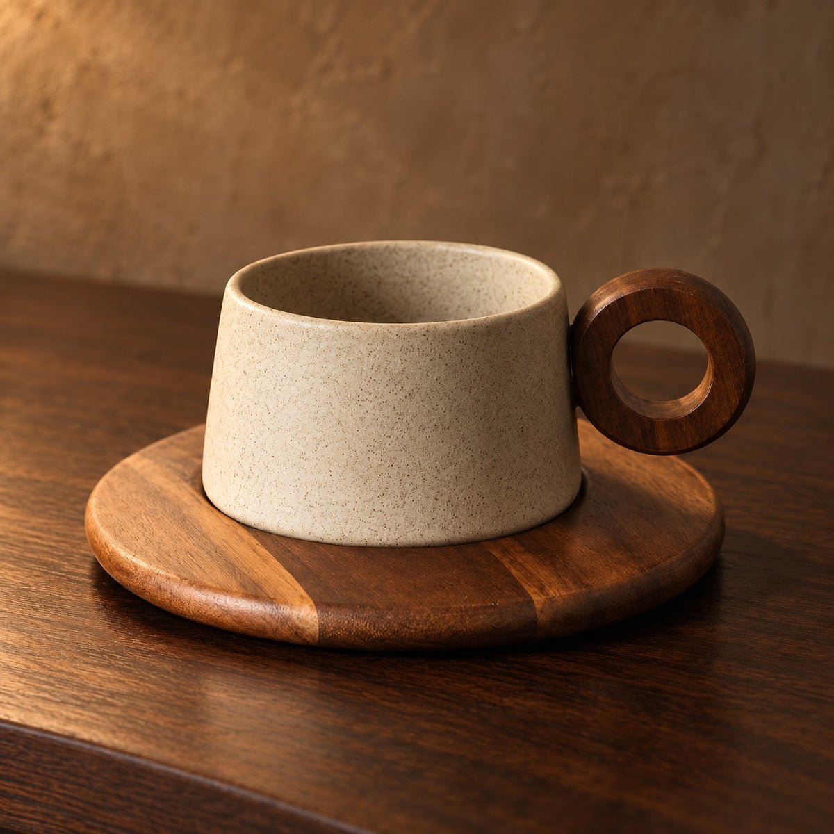 Star Ring stoneware cup in Stone with a walnut ring handle on a wood saucer