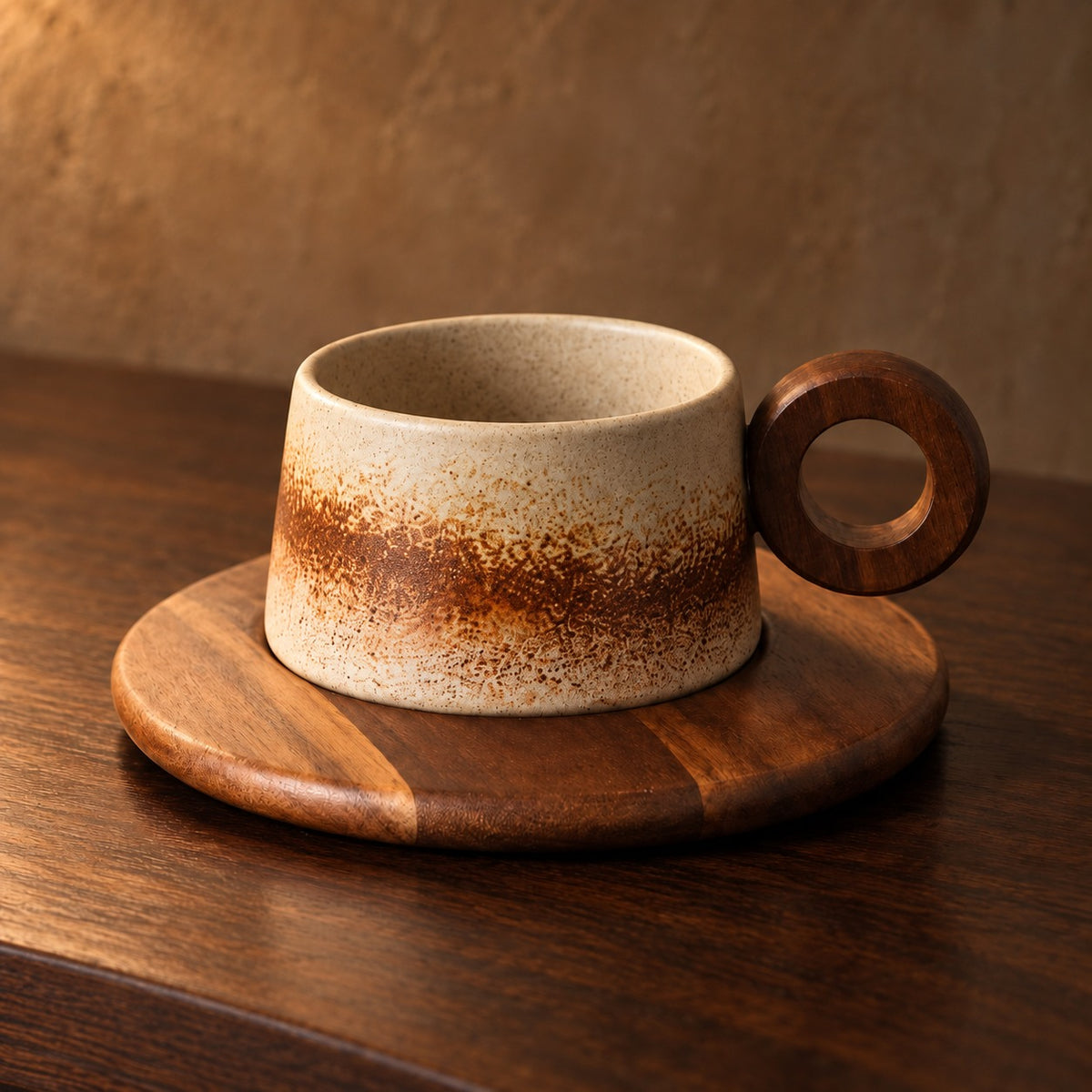 Star Ring stoneware cup in Wild Brown with a walnut ring handle on a wood saucer