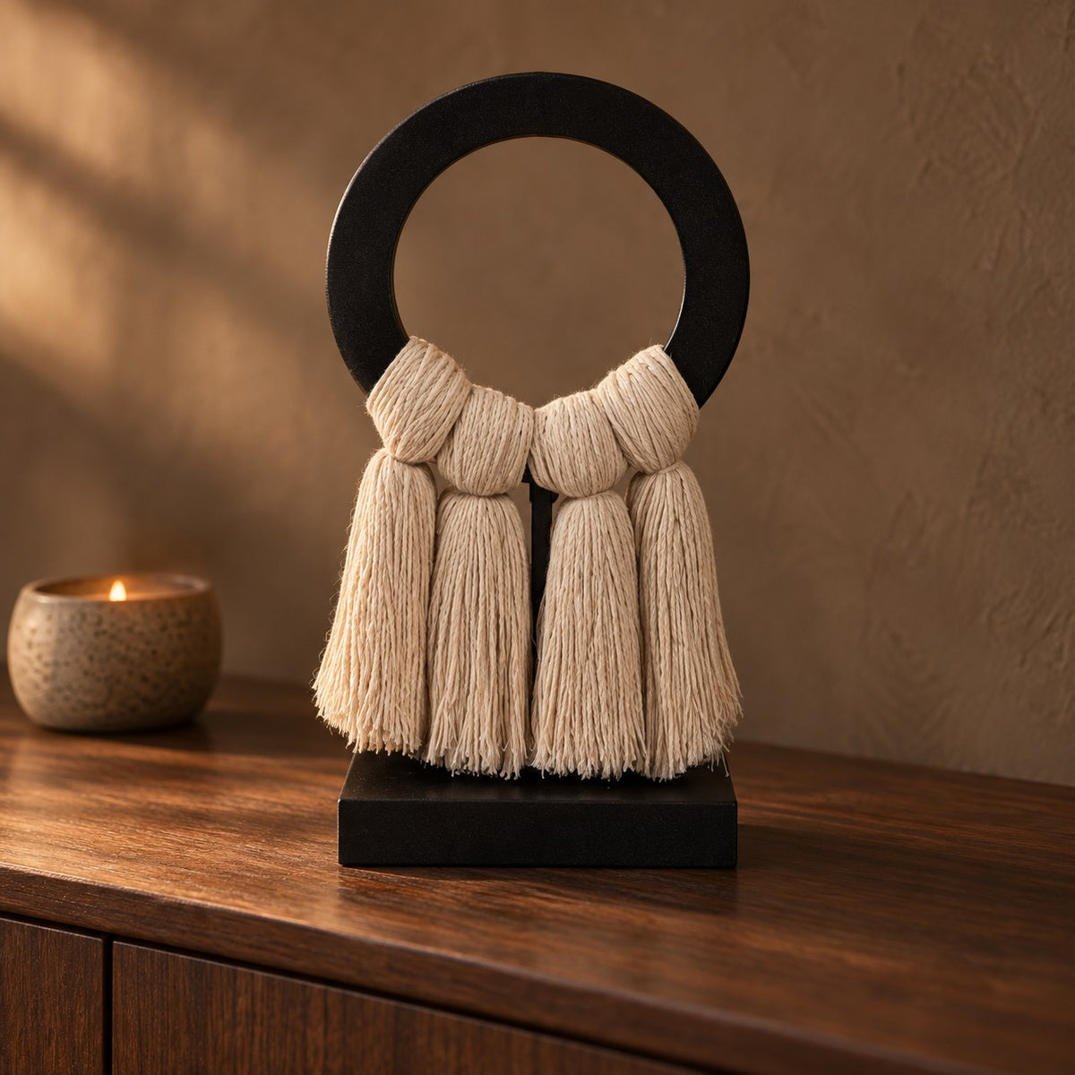 Tassel Totem Sculpture Ring on a walnut sideboard