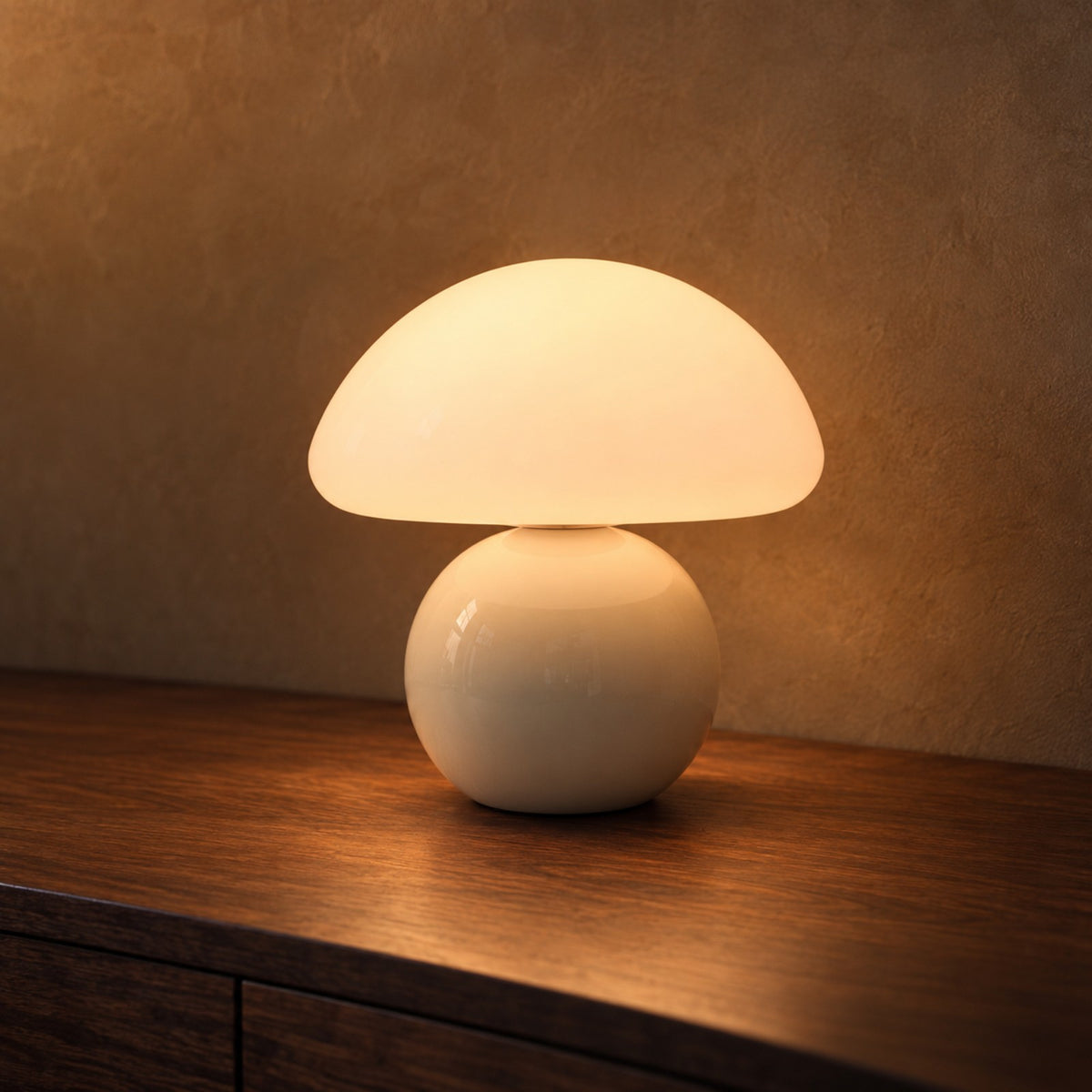 Opal mushroom lamp with cream ceramic ball base on walnut