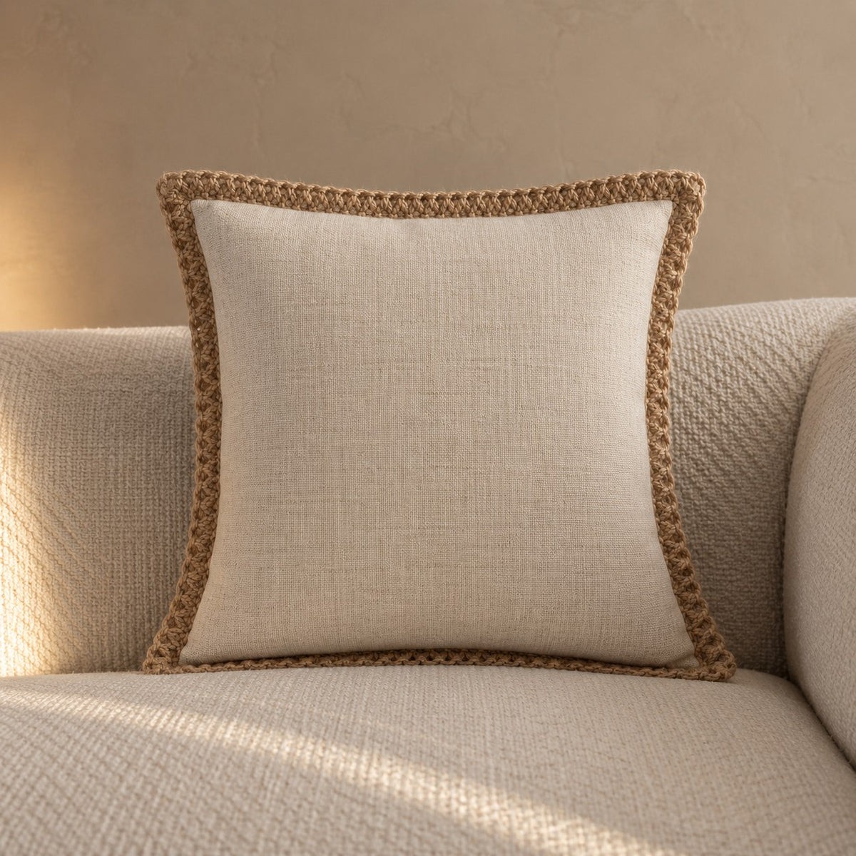 Natural linen cushion with braided edge