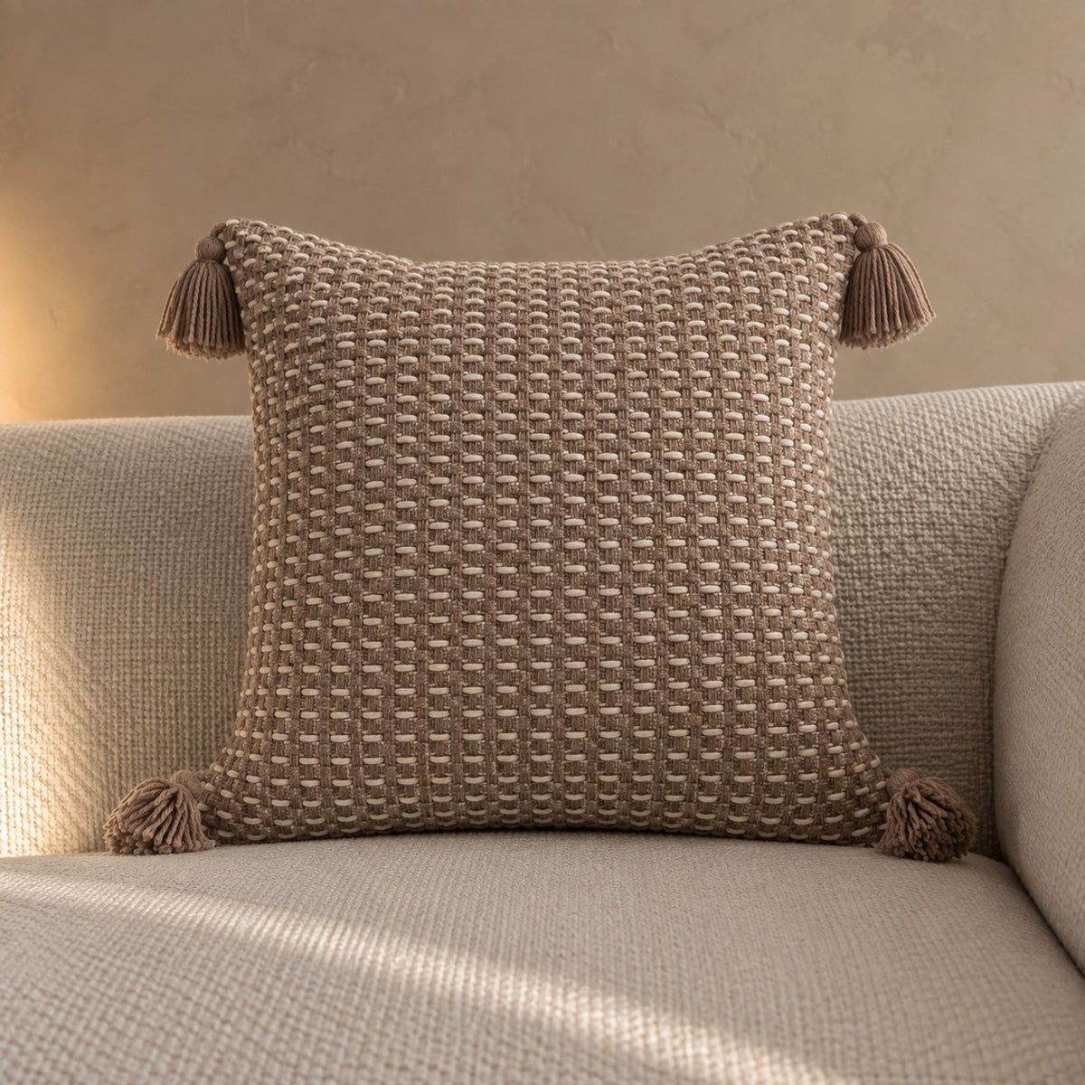 Mocha tassel cushion, chunky woven with corner tassels