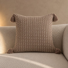 Mocha tassel cushion, chunky woven with corner tassels