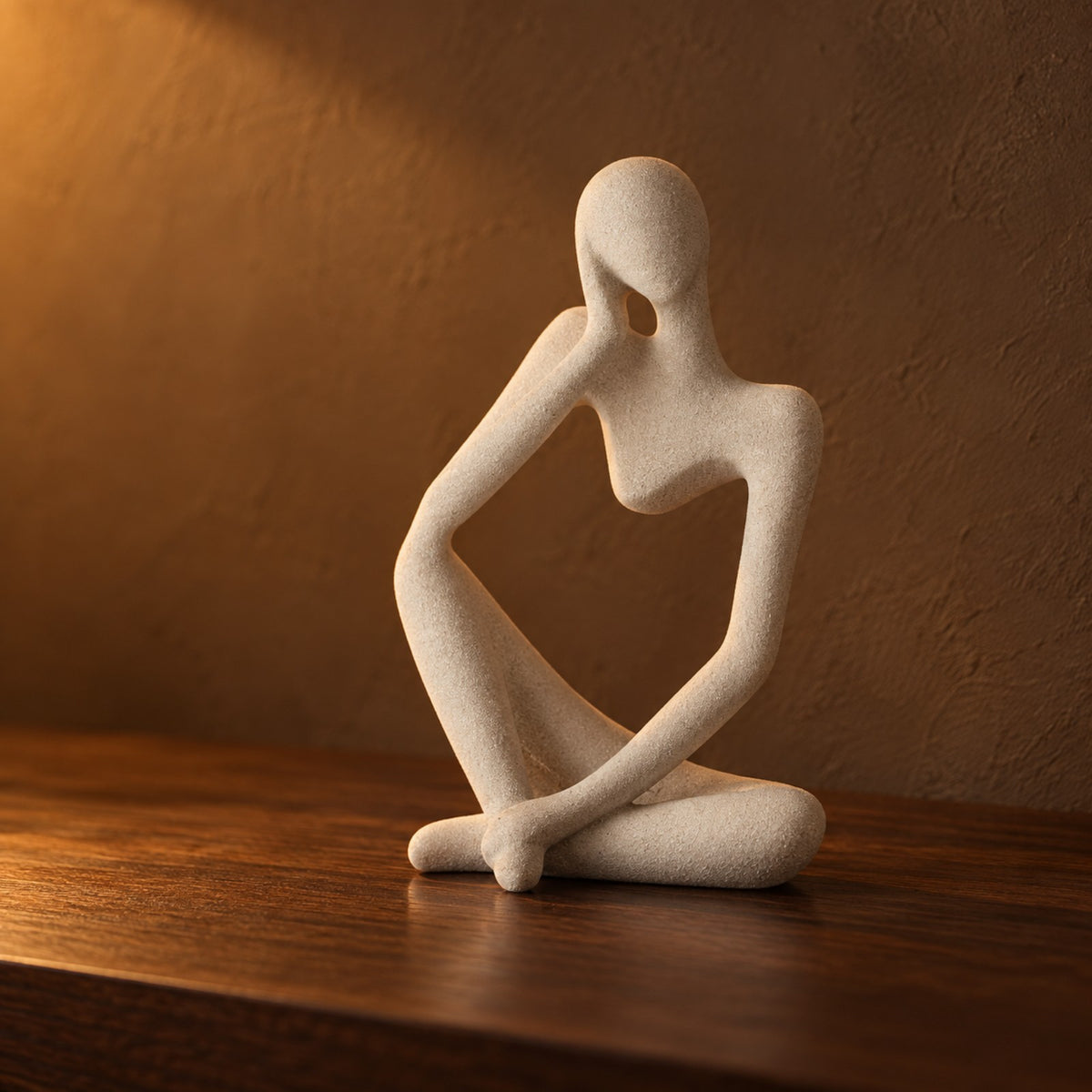Sand white abstract seated thinker sculpture on a walnut shelf