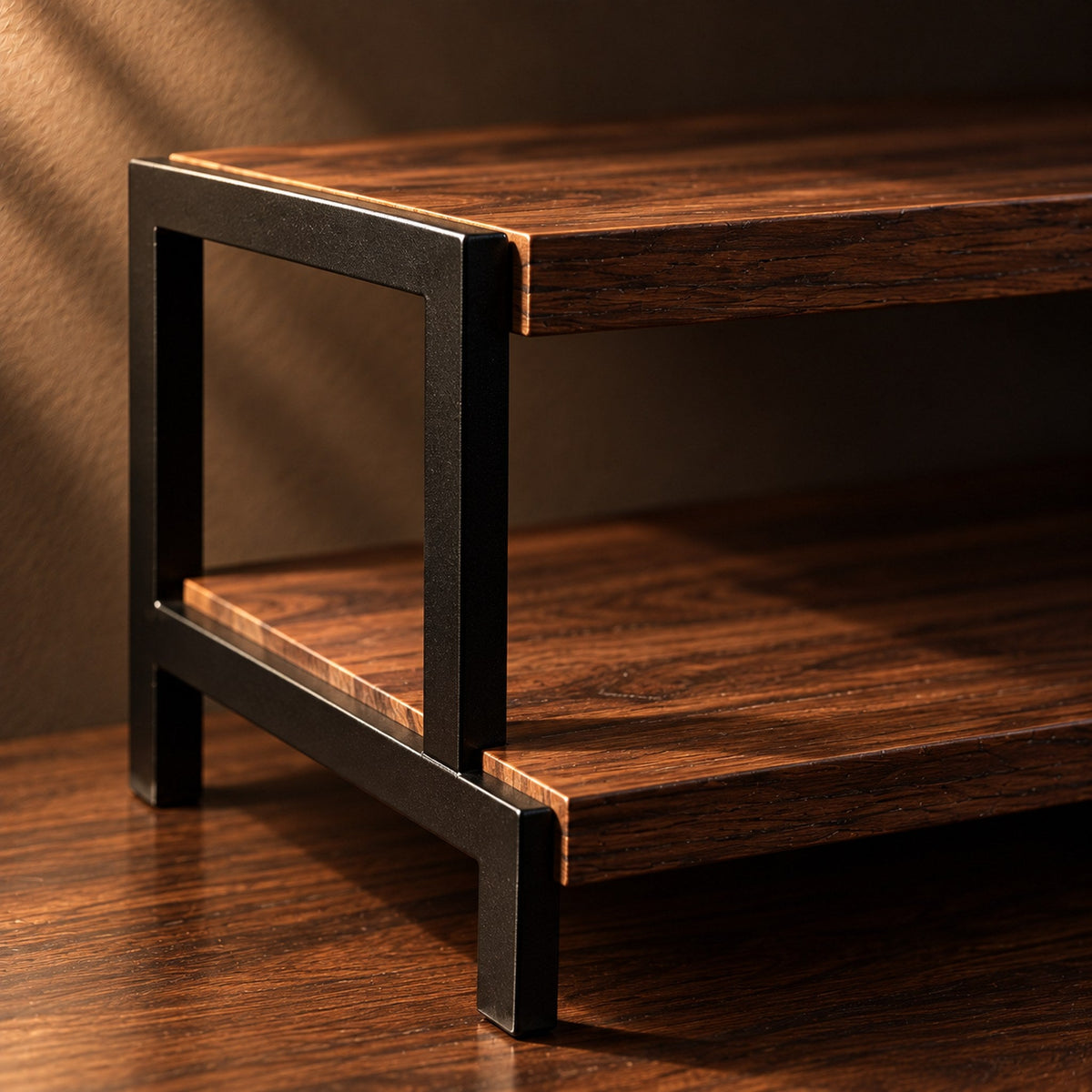 Close detail of the matte black iron frame meeting the timber shelf