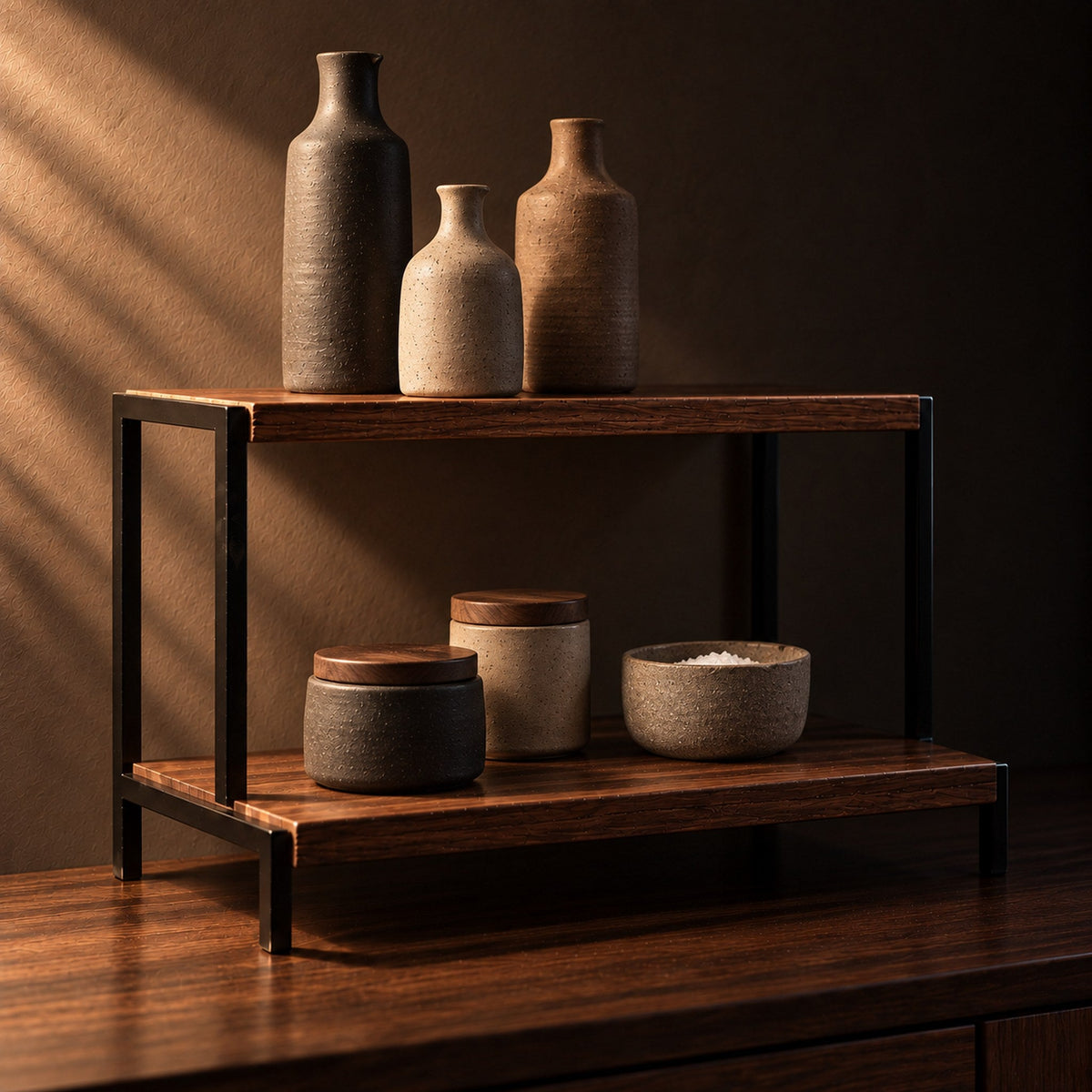 Tier wine bottle rack holding stoneware bottles and lidded jars on a kitchen bench