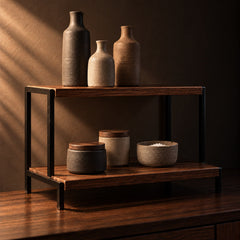 Tier wine bottle rack holding stoneware bottles and lidded jars on a kitchen bench