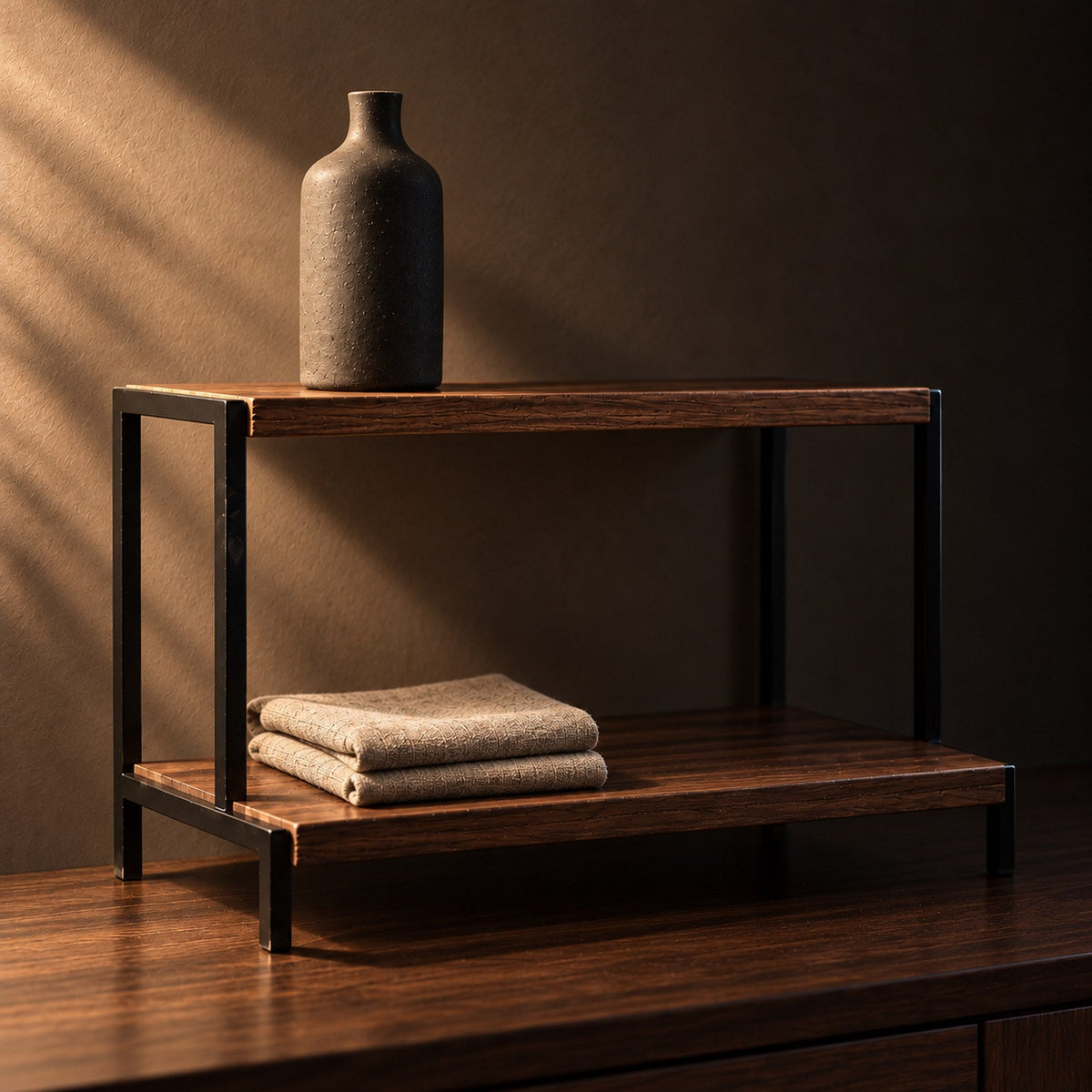 Tier wine bottle rack in standard size, black iron frame and timber shelves on a dark sideboard