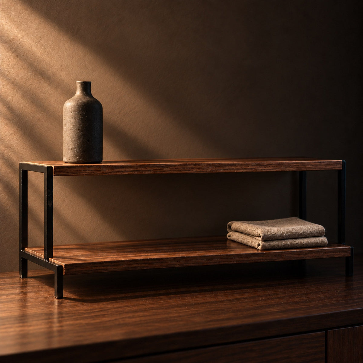 Tier wine bottle rack in the wide size, longer two level timber and black iron shelf