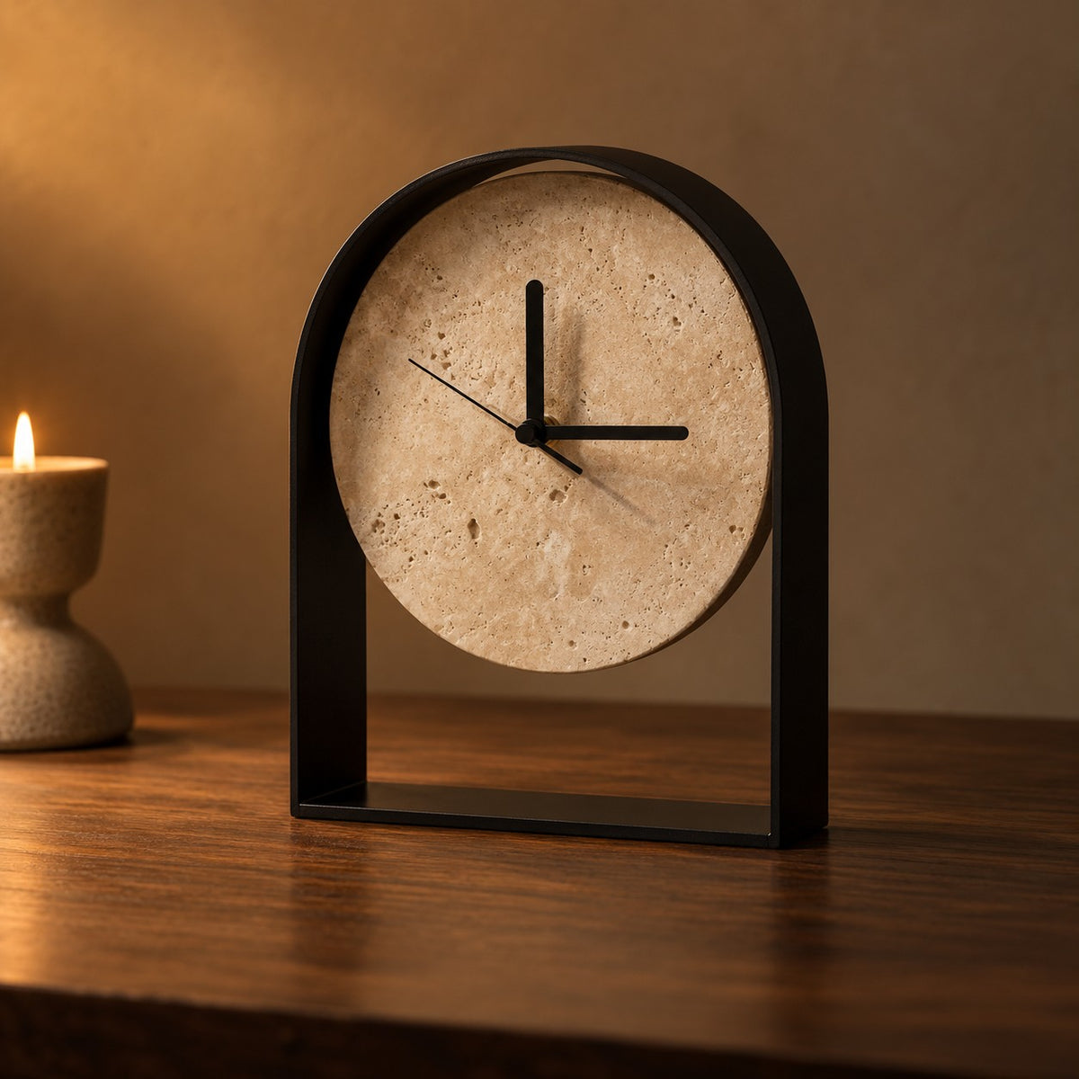 Travertine Arch Desk Clock on a walnut table