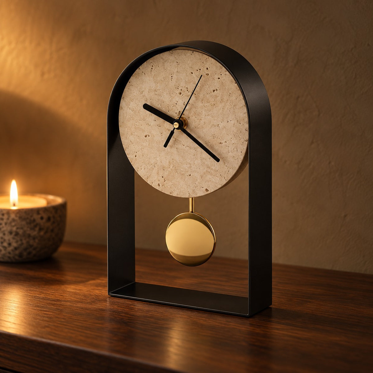 Travertine Pendulum Desk Clock with black frame