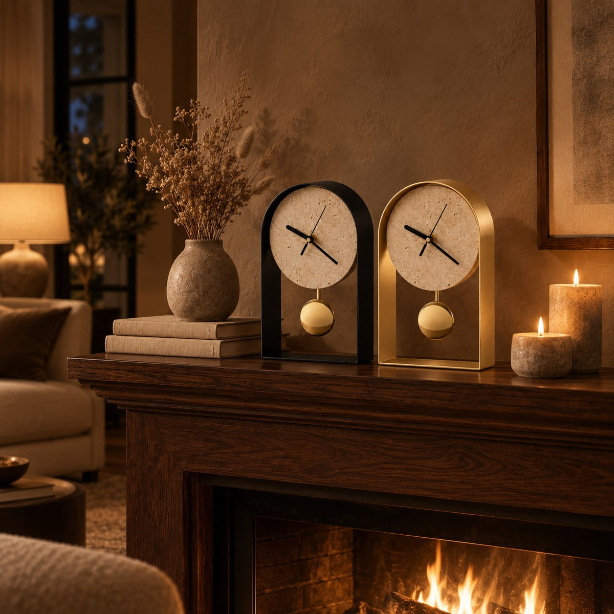 Travertine Look Pendulum Desk Clock, Black or Gold