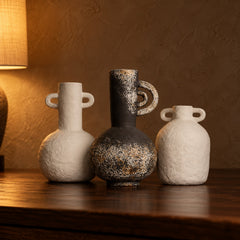 Wabi Sabi Ceramic Vase Trio close up on a walnut console