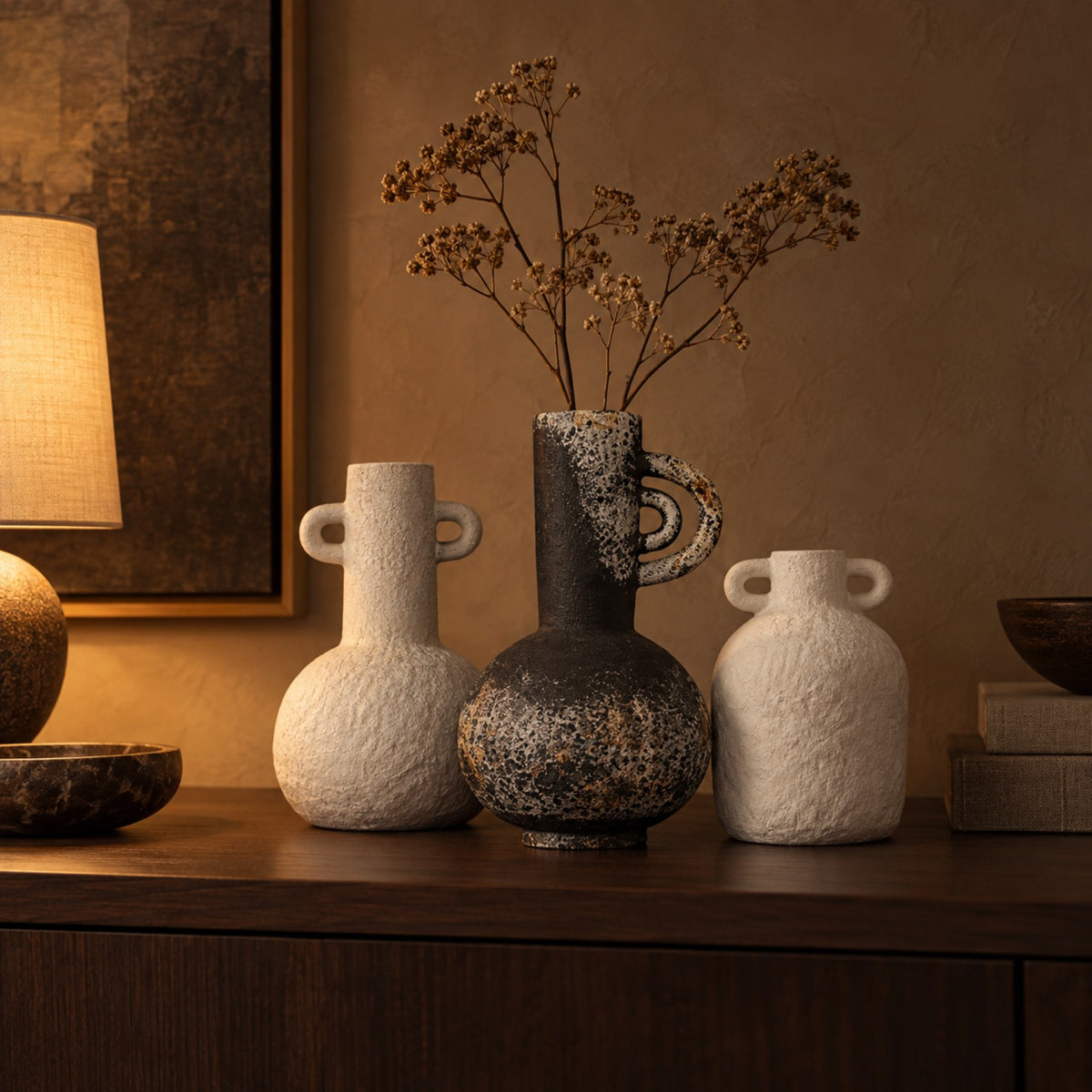 Wabi Sabi Ceramic Vase Trio styled with a dried branch