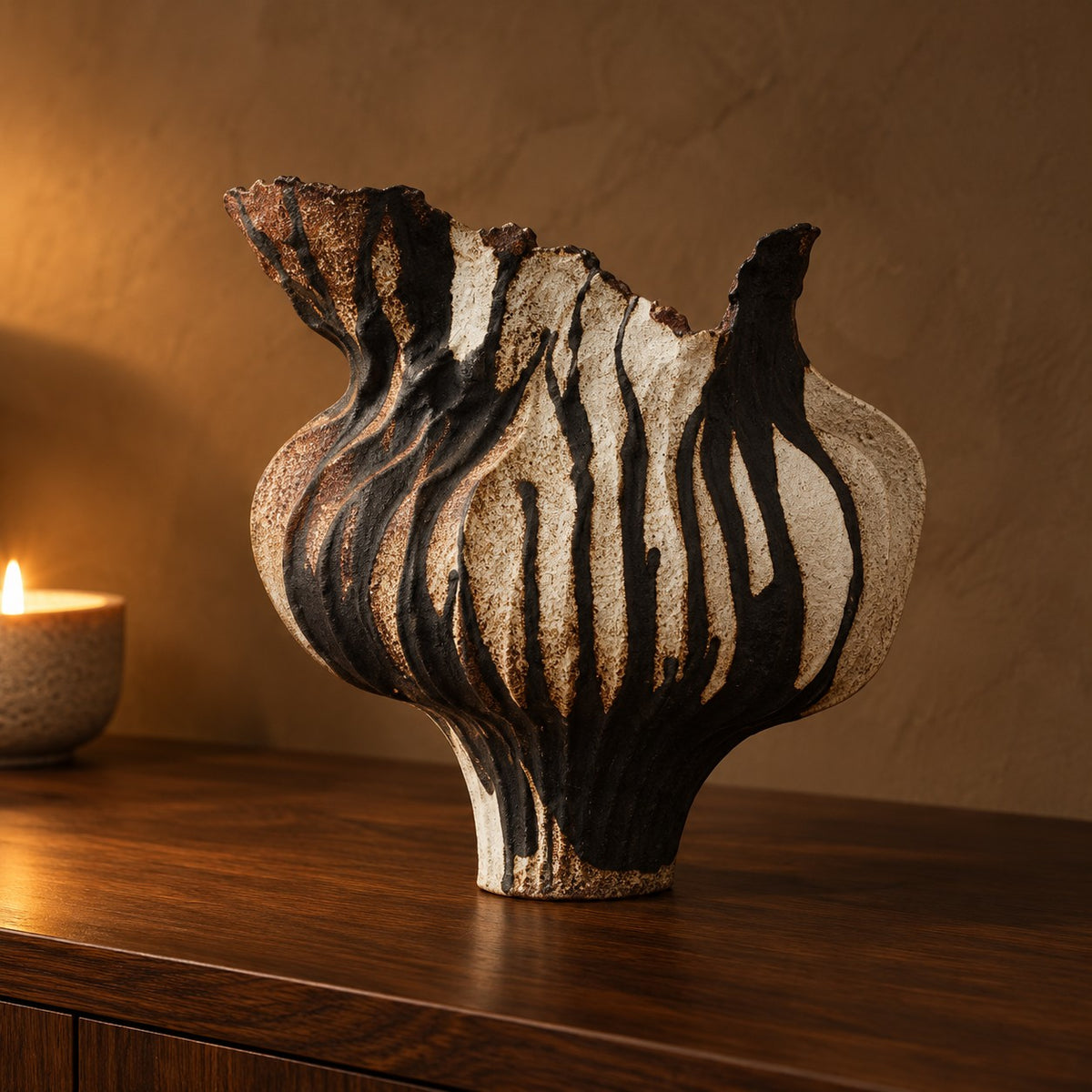 Umbra Drip Sculptural Vase on a walnut sideboard