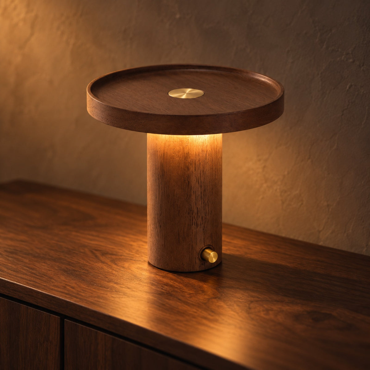Walnut cordless tray lamp glowing on a dark walnut sideboard