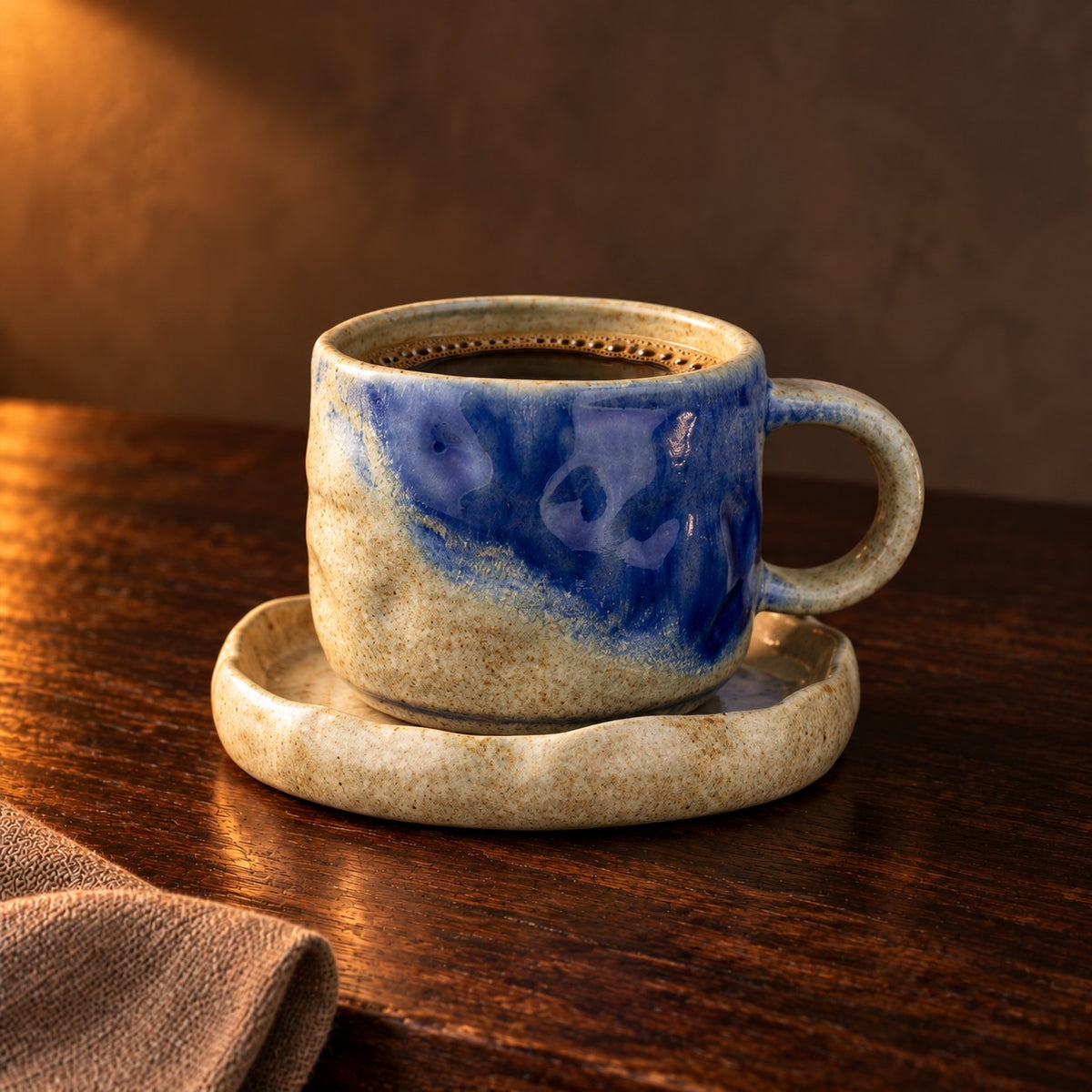 Wabi pinched cup and saucer, Cobalt