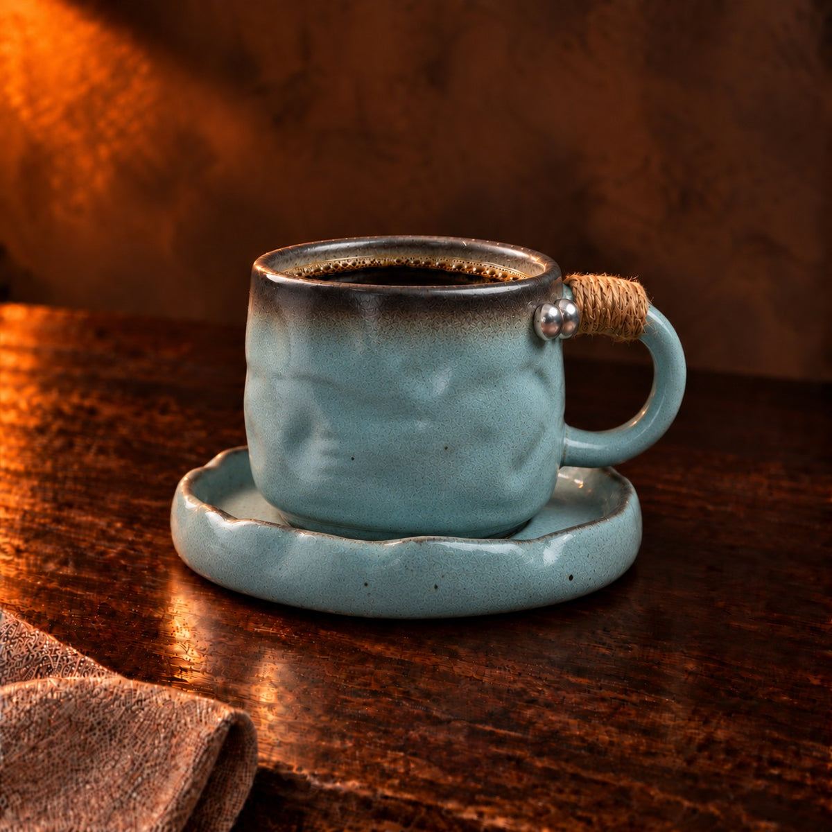 Bead handle cup and saucer in Duck Egg