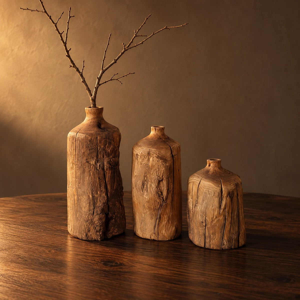 Grove Timber Bottle Vase trio in natural solid wood on a dark walnut table